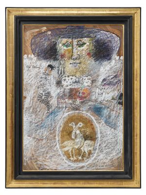 un tableau représentant une femme coiffée d'un chapeau avec un cheval