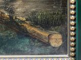 a painting of a cat sitting on a log in the water
