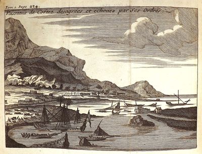 a drawing of a view of a harbor with boats in the water
