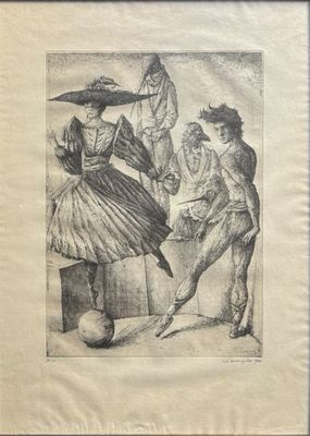 un vieux dessin représentant un couple en train de danser, avec une balle devant eux