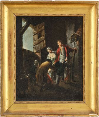 an old painting of a man and a woman in a barn with a dog
