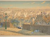 un tableau représentant une vue de la ville depuis le sommet d'une colline