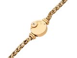 a close up of a gold watch with a chain around it