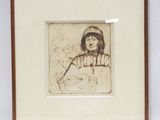 tableau représentant une femme portant un chapeau et une écharpe, dans un cadre en bois