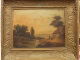an old painting of a farm scene in a gold frame on a table