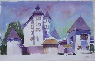 une aquarelle représentant un château avec une tour horloge
