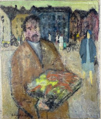 an oil painting of a man holding a box of fruit