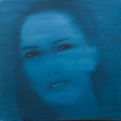 a blue painting of a woman ' s face in the water