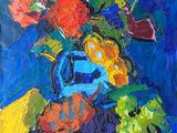 painting of fruit and flowers in a blue bowl on a blue table