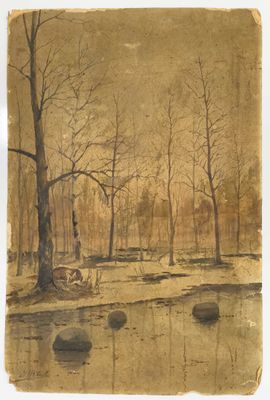 l'image d'une peinture représentant une rivière avec des arbres en arrière-plan