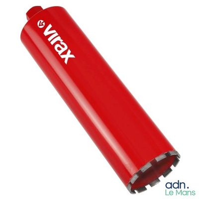a close up of a red plastic tube with a logo on it