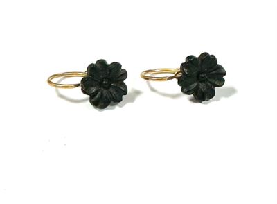 pair of black flower earrings on gold plated wire