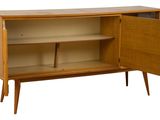 an image of a wooden cabinet with a door open on a white background