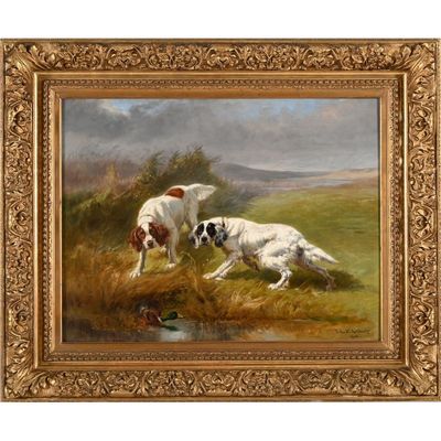 painting of two dogs in a field by a stream