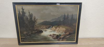 une peinture représentant une rivière avec des rochers et des arbres en arrière-plan