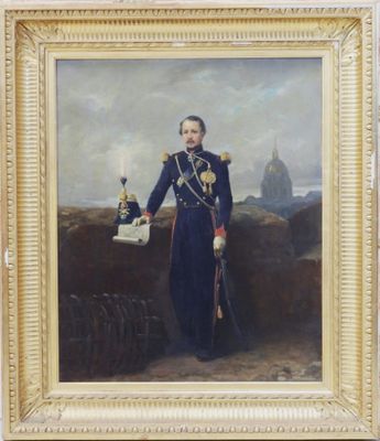une peinture à l'huile représentant un homme en uniforme tenant une bouteille de vin