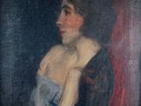 an old painting of a woman in a blue dress sitting on a red chair