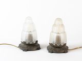pair of vintage table lamps with frosted glass lampshads on wooden bases