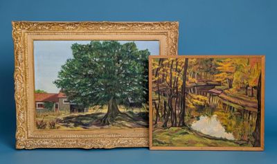 deux tableaux encadrés représentant un arbre et une maison dans un champ