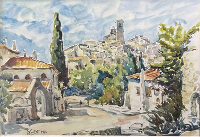 peinture d'une vue d'un village avec une église au loin