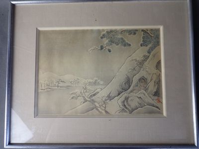 JAPON Estampe, représentant un paysage enneigé, signature et cachet