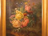 a painting of flowers in a vase on a table