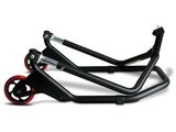 a pair of black and red scooters sitting on top of each other