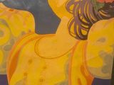 painting of a woman in a yellow dress with a flower in her hair