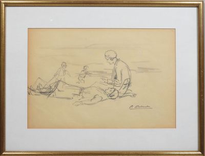 drawing of a man and a woman sitting on the beach