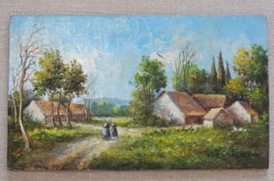 tableau représentant une femme marchant sur un chemin de terre à la lisière d'un village