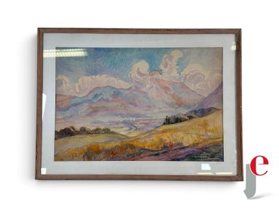 painting of a landscape with mountains in the distance and clouds in the sky