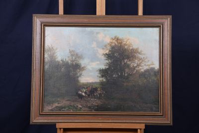 peinture sur chevalet représentant des chevaux dans un paysage boisé