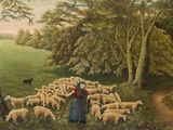 un tableau représentant une femme debout dans un champ avec un troupeau de moutons