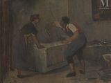 tableau représentant deux femmes travaillant dans une cuisine où se trouve une machine à laver