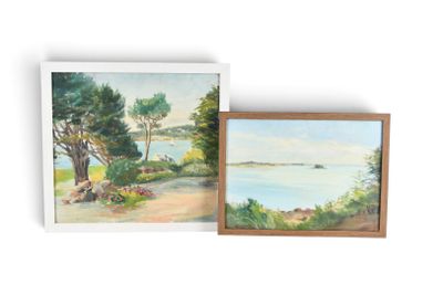 deux tableaux représentant des arbres au bord d'un lac