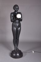 P. DAUSSAT et M. LOWY. Lampadaire en plâtre patiné noir figu…
