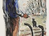 tableau représentant deux hommes debout l'un à côté de l'autre, avec un chat assis sur un banc de parc