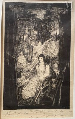 un dessin en noir et blanc d'un groupe de personnes dans une pièce
