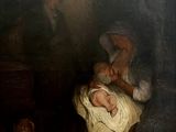 tableau représentant une femme tenant un bébé dans une crèche, à côté d'un pot
