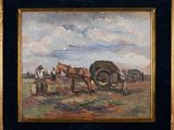 an oil painting of horses pulling a wagon in a field