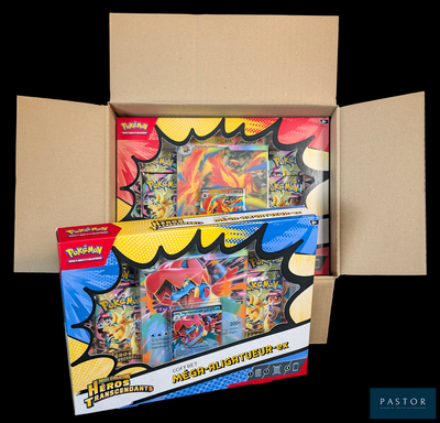a cardboard box with a bunch of toys inside of it