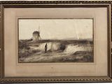 an old picture of a man standing in a field with a windmill in the background
