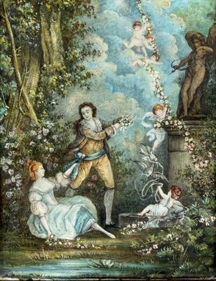 Ecole du XIXème, L'offrande, Scène galante dans un parc aux … - Photo 1