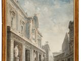 une image représentant une peinture d'une scène de rue avec des personnages et des bâtiments
