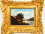 an image of a painting of a landscape with a red umbrella