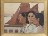 tableau représentant trois femmes sur un bateau, avec une voile en arrière-plan