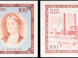 deux photos d'un billet de banque représentant une femme au recto et une usine au verso