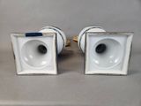 pair of white porcelain candlesticks with blue trims