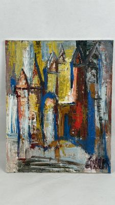 an oil painting of a street scene with a clock tower in the background