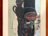 tableau représentant une nature morte avec un pichet et un bol posés sur une table